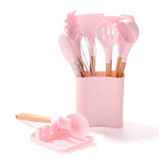 SET DE UTENSILIOS EN SILICONA PARA COCINA PROMOCION COLOR ROSADO 22 USD